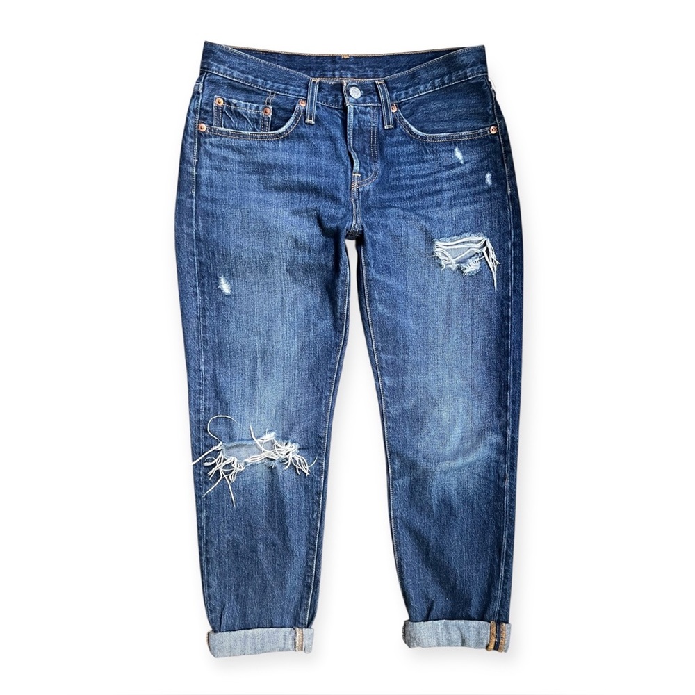 Levi’s 501 T (Tapered) Distressed Dark Wash Denim, sz W26” x  L28”